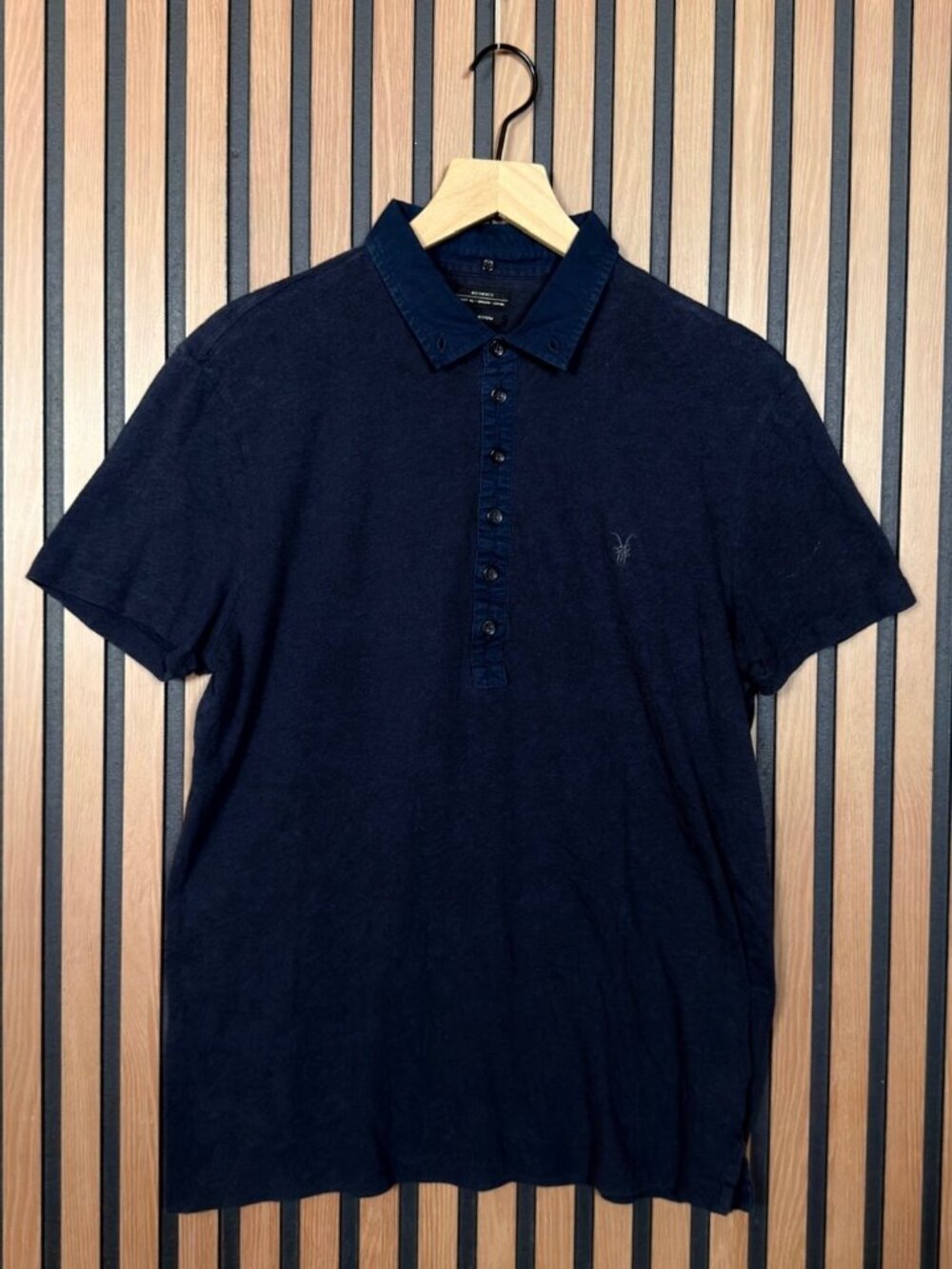 AllSaints Polo Shirt Medium Blue Navy Short Sleeve Saints 100% Cotton Ram Skull